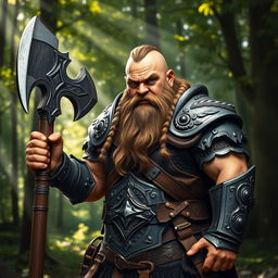 A fierce medieval dwarf warrior, clad in intricately designed armor with ornate details, standing proudly with a large, heavy battle axe in hand