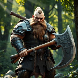 A fierce medieval dwarf warrior, clad in intricately designed armor with ornate details, standing proudly with a large, heavy battle axe in hand