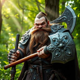 A fierce medieval dwarf warrior, clad in intricately designed armor with ornate details, standing proudly with a large, heavy battle axe in hand