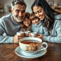 A heartwarming family scene featuring four members looking down at a steaming cup of tea placed on a wooden table