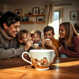 A heartwarming family scene featuring four members looking down at a steaming cup of tea placed on a wooden table