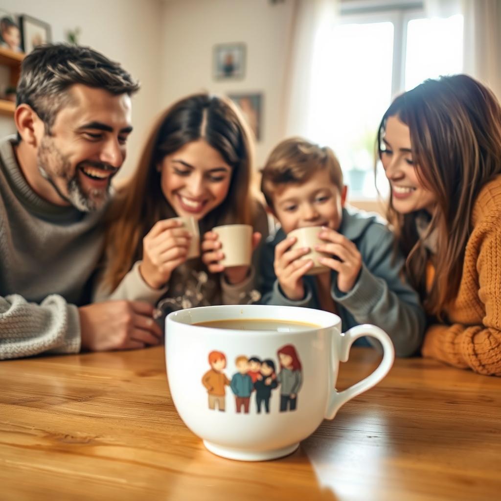 A heartwarming family scene featuring four members looking down at a steaming cup of tea placed on a wooden table