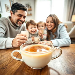 A heartwarming family scene featuring four members looking down at a steaming cup of tea placed on a wooden table