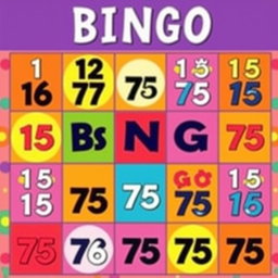 A colorful and vibrant bingo card featuring numbers from 1 to 75, arranged in a traditional 5x5 grid pattern