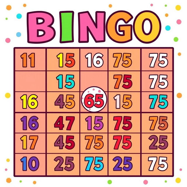 A colorful and vibrant bingo card featuring numbers from 1 to 75, arranged in a traditional 5x5 grid pattern