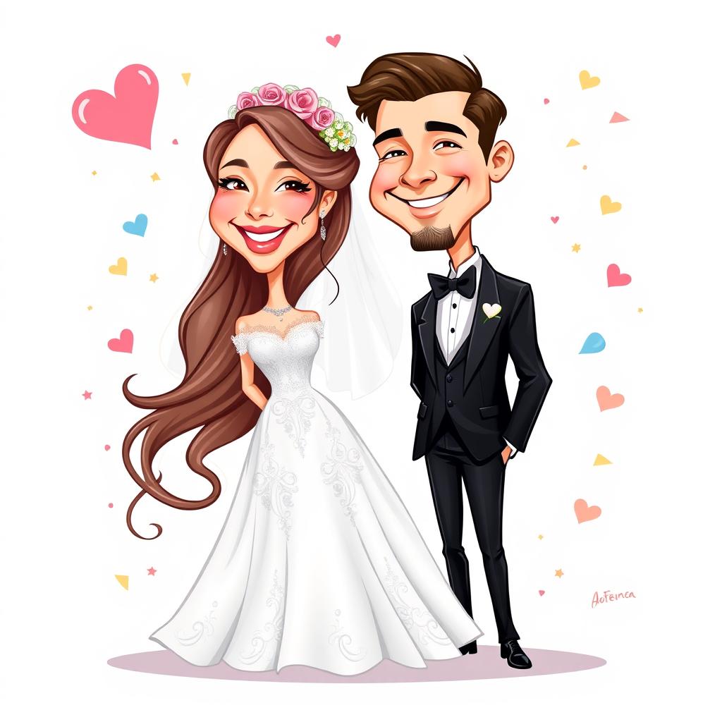 A colorful caricature of a bride and groom, depicted in a half body view, showcasing their joyful expressions