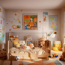 A vibrant children's bedroom filled with colorful toys, a cozy bed with cute cartoon-themed bedspread, and educational posters on the wall illuminated by soft, warm light.