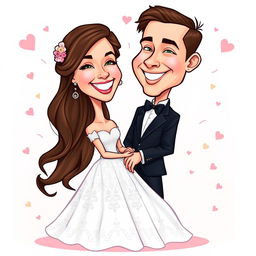 A colorful caricature of a bride and groom, depicted in a half body view, showcasing their joyful expressions