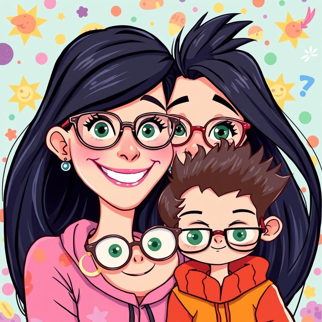 A vibrant Pixar-style illustration of a mother and her child, both wearing trendy glasses