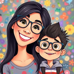A vibrant Pixar-style illustration of a mother and her child, both wearing trendy glasses