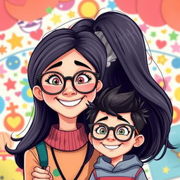A vibrant Pixar-style illustration of a mother and her child, both wearing trendy glasses