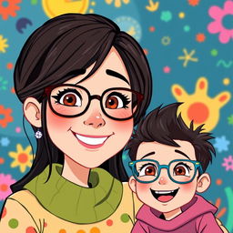 A vibrant Pixar-style illustration of a mother and her child, both wearing trendy glasses