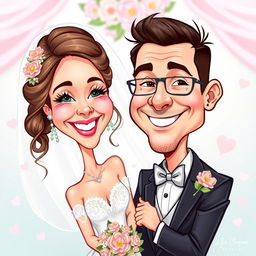 A vibrant and whimsical caricature of a bride and groom, capturing their joyful expressions and unique features in a half-body style