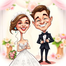 A vibrant and whimsical caricature of a bride and groom, capturing their joyful expressions and unique features in a half-body style