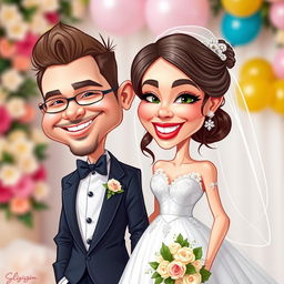 A vibrant and whimsical caricature of a bride and groom, capturing their joyful expressions and unique features in a half-body style