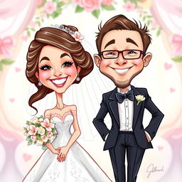 A vibrant and whimsical caricature of a bride and groom, capturing their joyful expressions and unique features in a half-body style