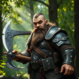 A fierce medieval dwarf warrior, characterized by his short hair and clean-shaven face, standing confidently with a large, heavy battle axe in hand