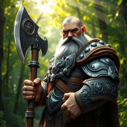 A fierce medieval dwarf warrior, characterized by his short hair and clean-shaven face, standing confidently with a large, heavy battle axe in hand