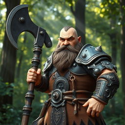 A fierce medieval dwarf warrior, characterized by his short hair and clean-shaven face, standing confidently with a large, heavy battle axe in hand