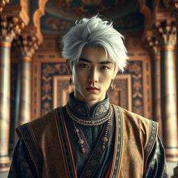 A portrait of Bang Chan from Stray Kids, depicted as an ancient Persian figure with striking silver hair, characterized by his strong facial features and intense gaze