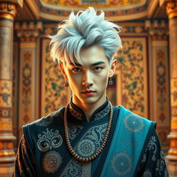 A portrait of Bang Chan from Stray Kids, depicted as an ancient Persian figure with striking silver hair, characterized by his strong facial features and intense gaze