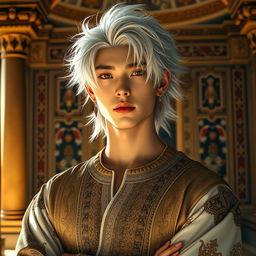 A portrait of Bang Chan from Stray Kids, depicted as an ancient Persian figure with striking silver hair, characterized by his strong facial features and intense gaze