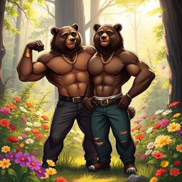 A captivating digital illustration of two muscular, slim-bodied bears, exuding confidence and charisma