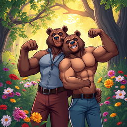 A captivating digital illustration of two muscular, slim-bodied bears, exuding confidence and charisma