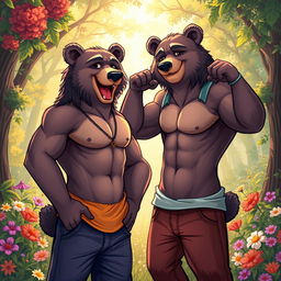 A captivating digital illustration of two muscular, slim-bodied bears, exuding confidence and charisma