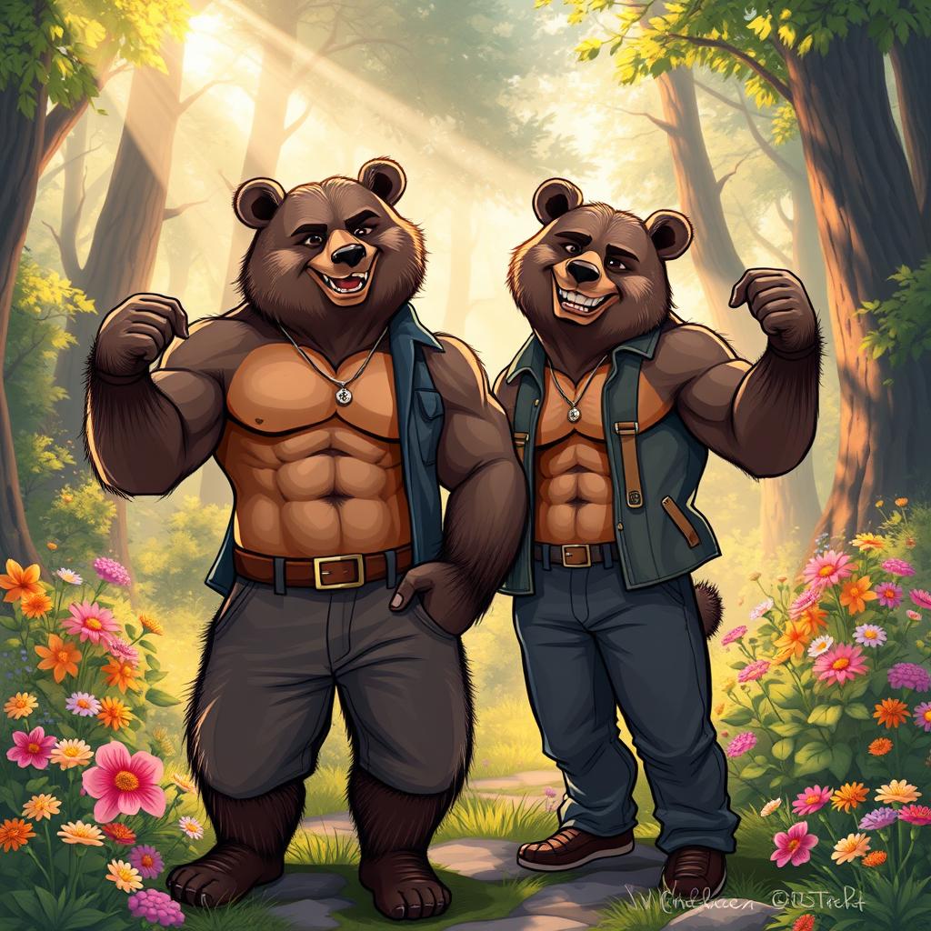 A captivating digital illustration of two muscular, slim-bodied bears, exuding confidence and charisma