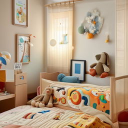 A vibrant children's bedroom filled with colorful toys, a cozy bed with cute cartoon-themed bedspread, and educational posters on the wall illuminated by soft, warm light.