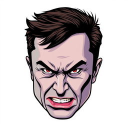 An illustration of Elon Musk with an expressive, angry facial expression, designed in a clean, bold vector art style