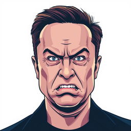 An illustration of Elon Musk with an expressive, angry facial expression, designed in a clean, bold vector art style