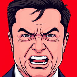 An illustration of Elon Musk with an expressive, angry facial expression, designed in a clean, bold vector art style