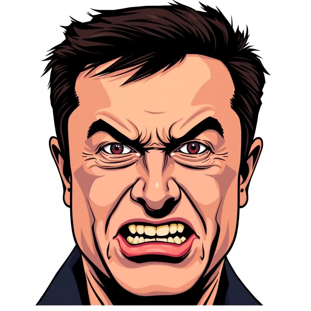 An illustration of Elon Musk with an expressive, angry facial expression, designed in a clean, bold vector art style