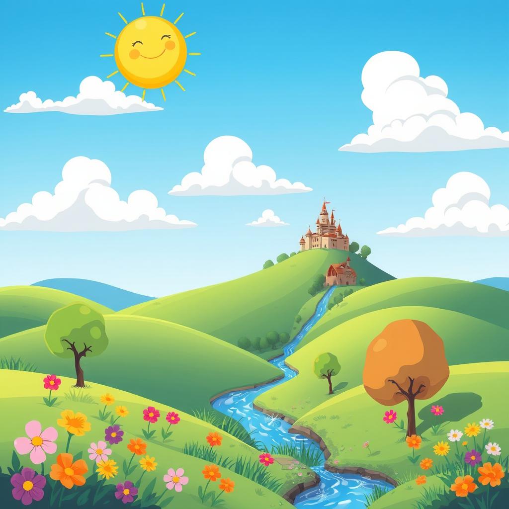 A vibrant cartoon-style background depicting a whimsical landscape