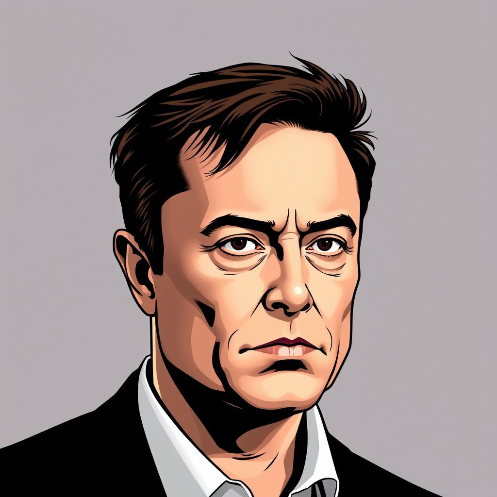 A vector style portrait of Elon Musk with a serious expression on his face