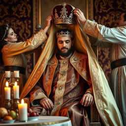 A majestic scene of a royal king being dressed for a grand ceremony