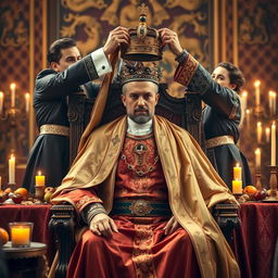 A majestic scene of a royal king being dressed for a grand ceremony
