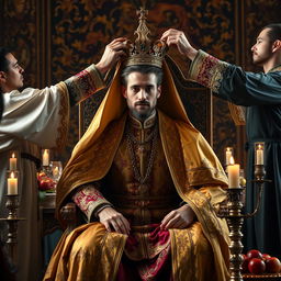 A majestic scene of a royal king being dressed for a grand ceremony