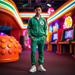 A person wearing a 'Squid Game' style outfit, featuring the classic green tracksuit with a distinctive number on the front, standing in an indoor setting filled with vibrant colors and dramatic lighting