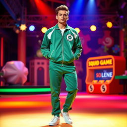 A person wearing a 'Squid Game' style outfit, featuring the classic green tracksuit with a distinctive number on the front, standing in an indoor setting filled with vibrant colors and dramatic lighting