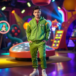 A person wearing a 'Squid Game' style outfit, featuring the classic green tracksuit with a distinctive number on the front, standing in an indoor setting filled with vibrant colors and dramatic lighting