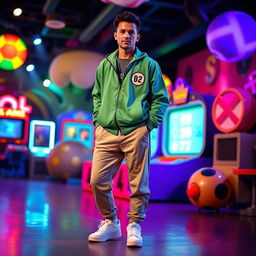 A person wearing a 'Squid Game' style outfit, featuring the classic green tracksuit with a distinctive number on the front, standing in an indoor setting filled with vibrant colors and dramatic lighting