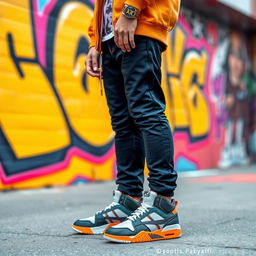 A fashionable young adult wearing striking sneakers that resemble a popular shoe design