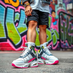 A fashionable young adult wearing striking sneakers that resemble a popular shoe design