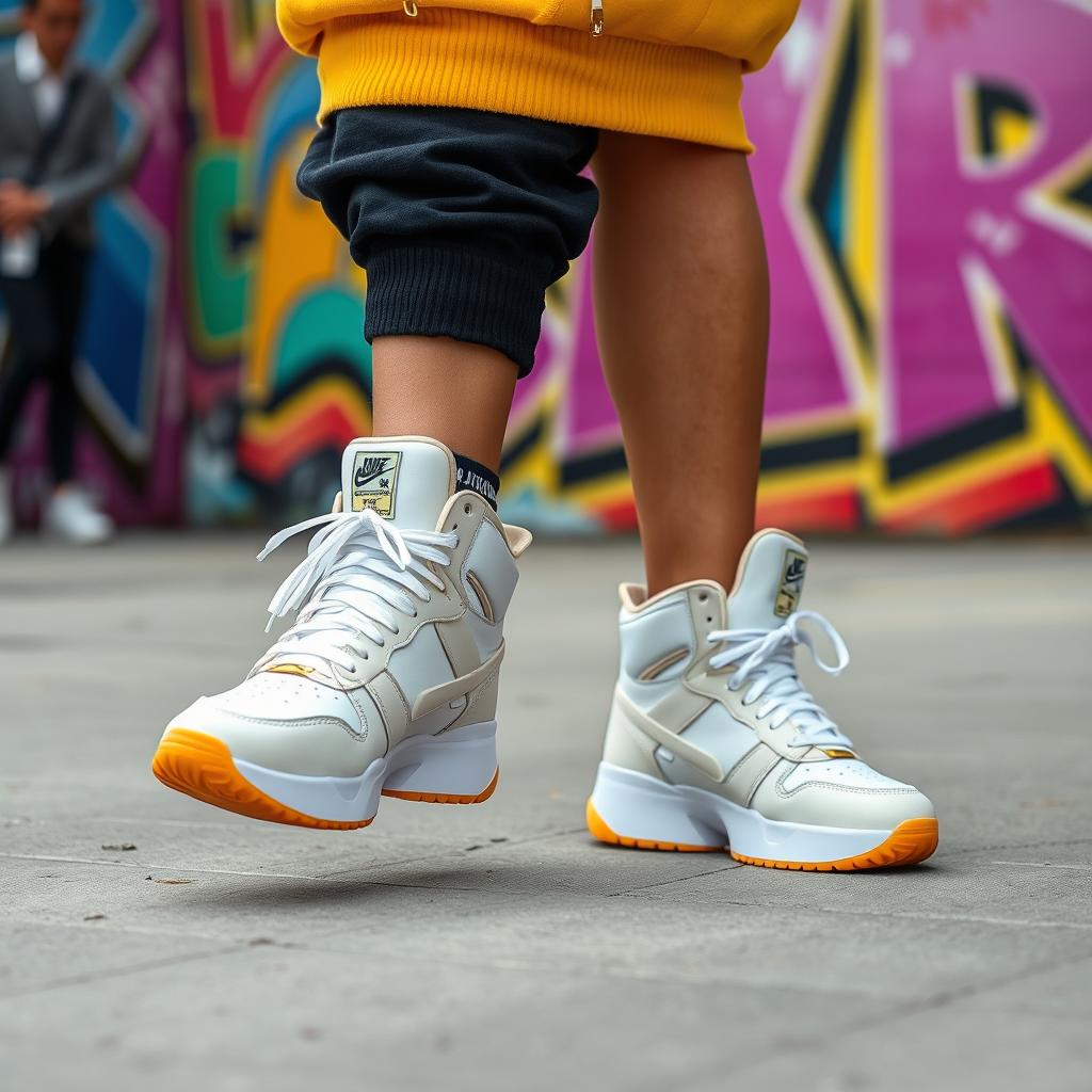 A fashionable young adult wearing striking sneakers that resemble a popular shoe design