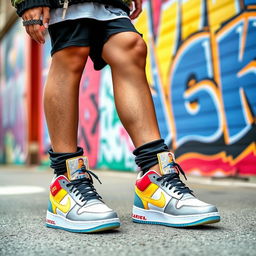 A fashionable young adult wearing striking sneakers that resemble a popular shoe design
