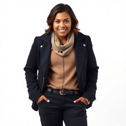 A portrait of a person standing confidently, wearing a stylish outfit, with a detailed expression full of personality