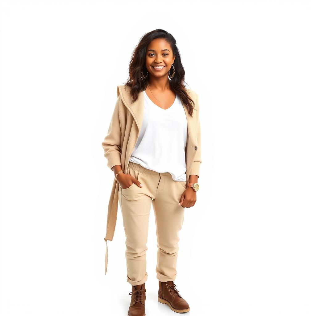 A portrait of a person standing confidently, wearing a stylish outfit, with a detailed expression full of personality